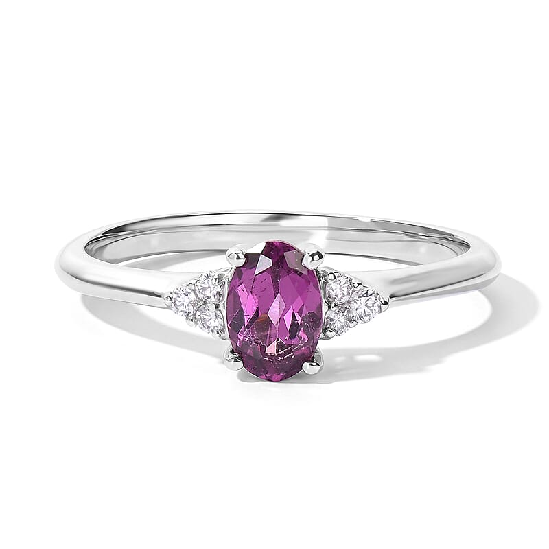 D'Joy AAA Radiant Ember Garnet, White Zircon Ring in Rhodium Over Sterling Silver (Size 5.0) 0.65 ctw