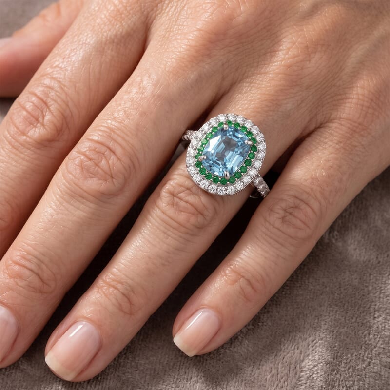 D'Joy Premium Cambodian Blue Zircon and Multi Gemstone 4.00 ctw Blue Fire Tsavorite Garden Ring in Rhodium Over Sterling Silver (Size 6.0)