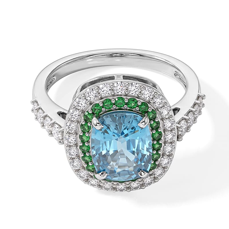 D'Joy Premium Cambodian Blue Zircon and Multi Gemstone 4.00 ctw Blue Fire Tsavorite Garden Ring in Rhodium Over Sterling Silver (Size 7.0)