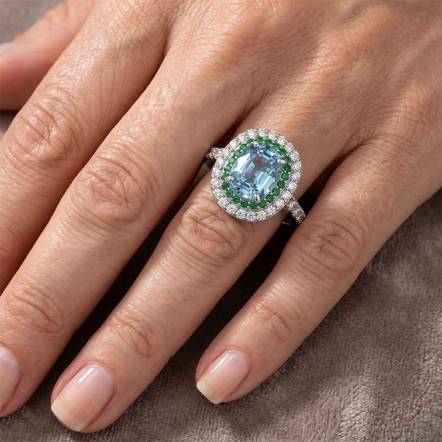 D'Joy Premium Cambodian Blue Zircon and Multi Gemstone 4.00 ctw Blue Fire Tsavorite Garden Ring in Rhodium Over Sterling Silver (Size 7.0)