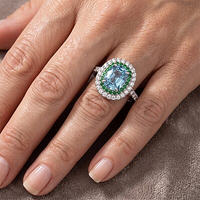 D'Joy Premium Cambodian Blue Zircon and Multi Gemstone 4.00 ctw Blue Fire Tsavorite Garden Ring in Rhodium Over Sterling Silver (Size 7.0)