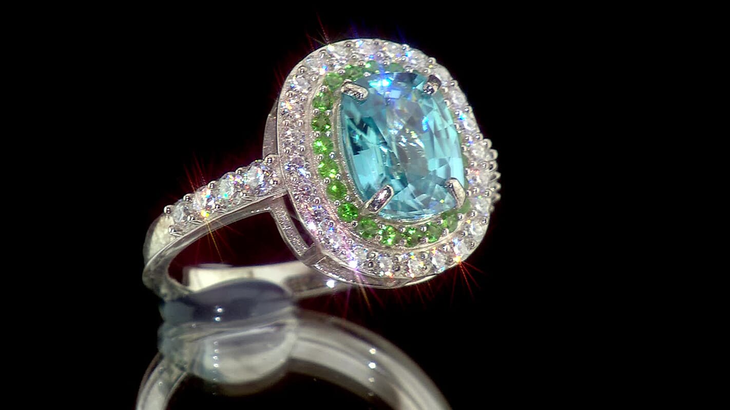 D''Joy Premium Cambodian Blue Zircon & Multi Gemstone Ring in Rhodium Over Sterling Silver (Size 10.0) 4.00 ctw
