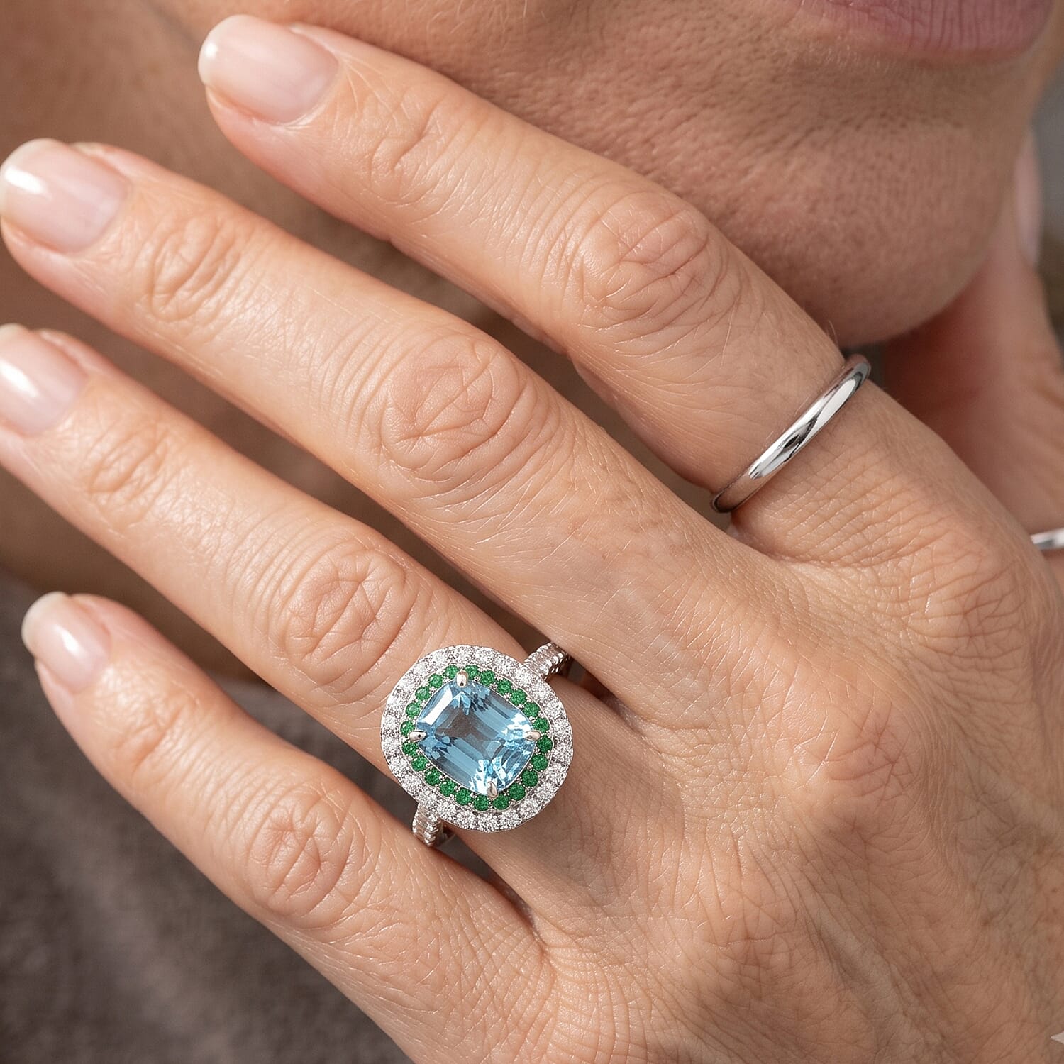 D'Joy Premium Cambodian Blue Zircon and Multi Gemstone 4.00 ctw Blue Fire Tsavorite Garden Ring in Rhodium Over Sterling Silver (Size 7.0)