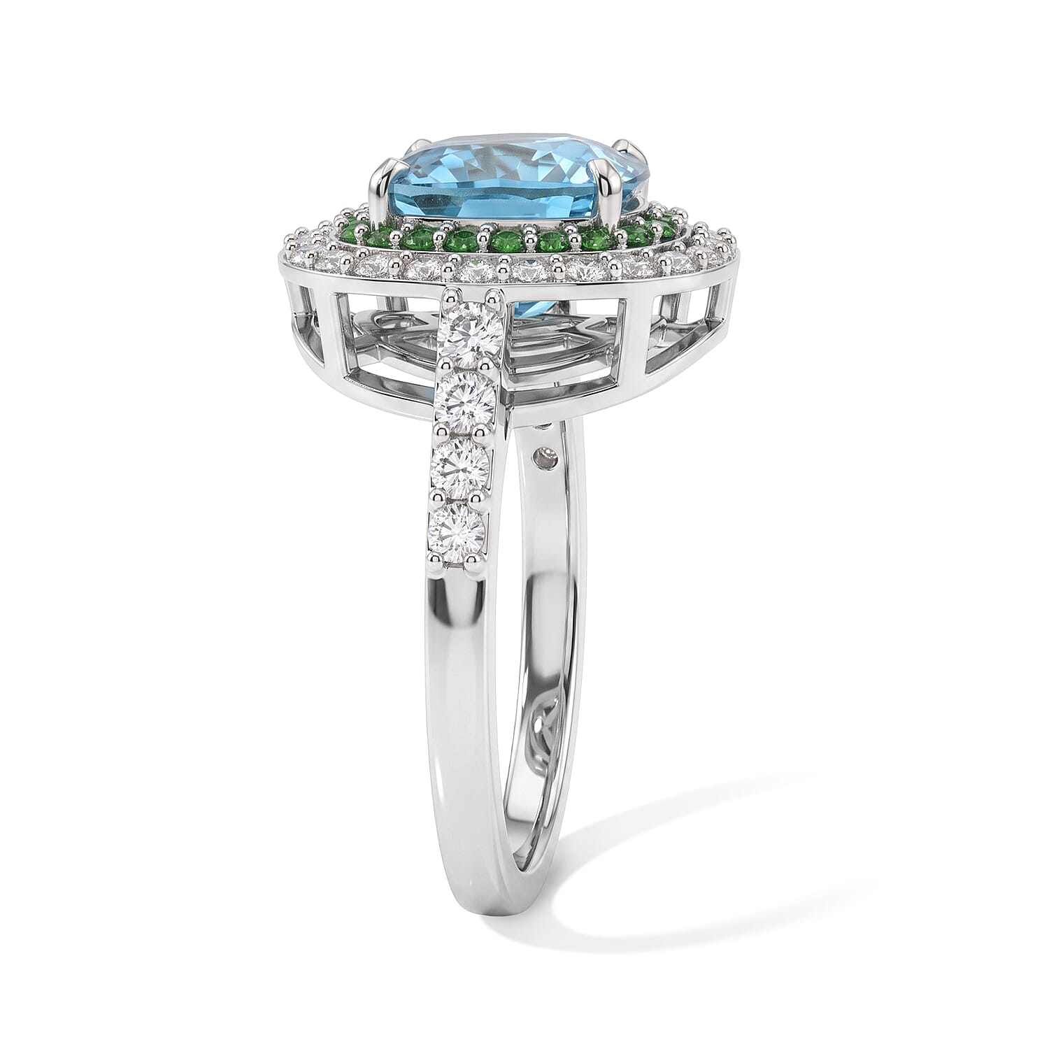 D'Joy Premium Cambodian Blue Zircon and Multi Gemstone 4.00 ctw Blue Fire Tsavorite Garden Ring in Rhodium Over Sterling Silver (Size 7.0)