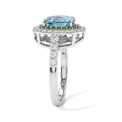 D'Joy Premium Cambodian Blue Zircon and Multi Gemstone 4.00 ctw Blue Fire Tsavorite Garden Ring in Rhodium Over Sterling Silver (Size 7.0)