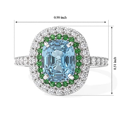 D'Joy Premium Cambodian Blue Zircon and Multi Gemstone 4.00 ctw Blue Fire Tsavorite Garden Ring in Rhodium Over Sterling Silver (Size 7.0)