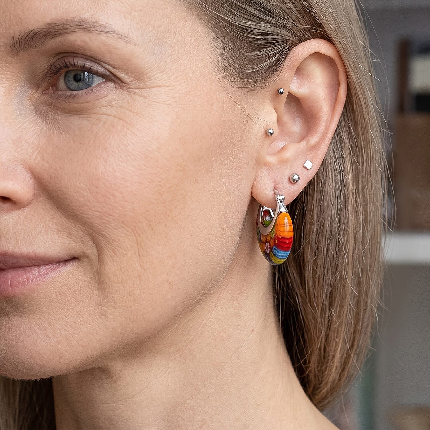 Multi Color Murano Style Earrings in Stainless Steel