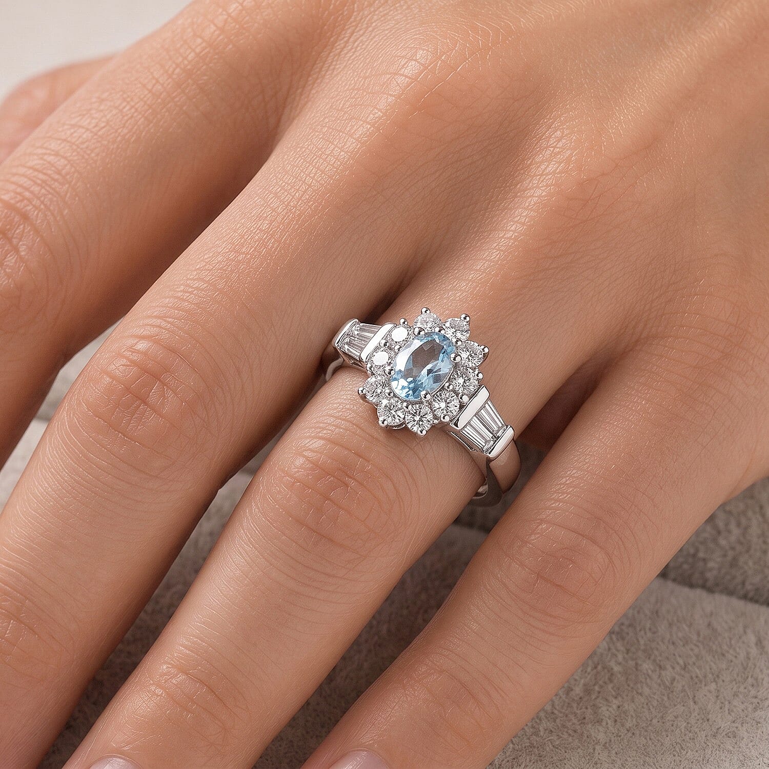 D''Joy Santa Maria Aquamarine, Moissanite Ring in Rhodium Over Sterling Silver (Size 7.0) 0.60 ctw