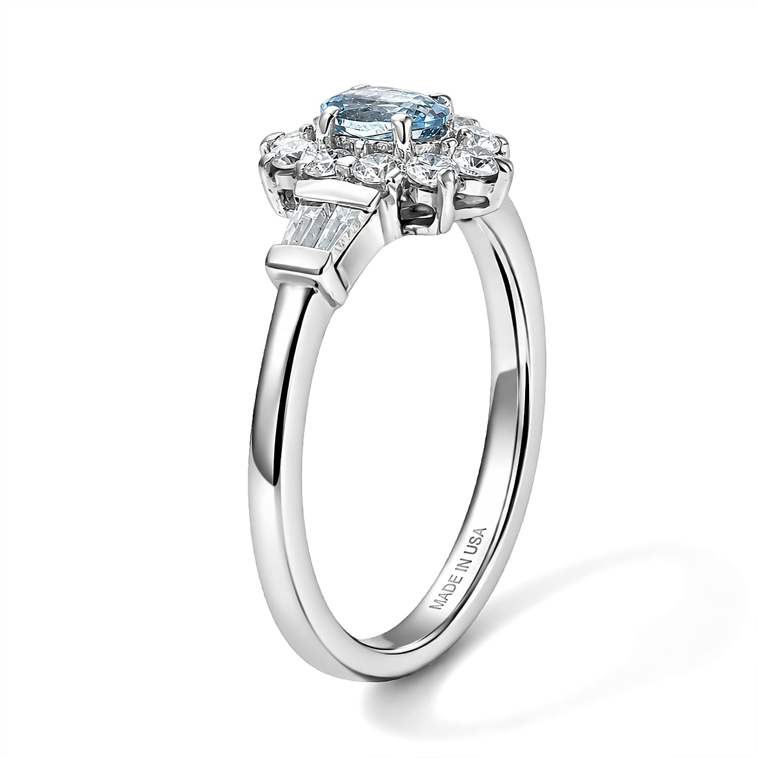 D'Joy Santa Maria Aquamarine and Moissanite 0.60 ctw Sea Blossom Ring in Rhodium Over Sterling Silver (Size 7.0)