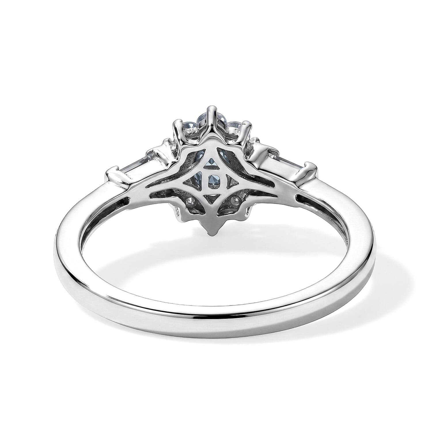 D'Joy Santa Maria Aquamarine and Moissanite 0.60 ctw Sea Blossom Ring in Rhodium Over Sterling Silver (Size 7.0)