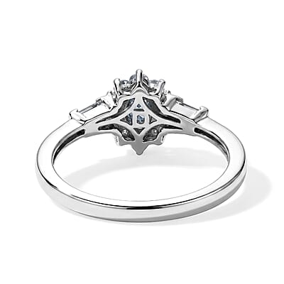 D'Joy Santa Maria Aquamarine and Moissanite 0.60 ctw Sea Blossom Ring in Rhodium Over Sterling Silver (Size 7.0)