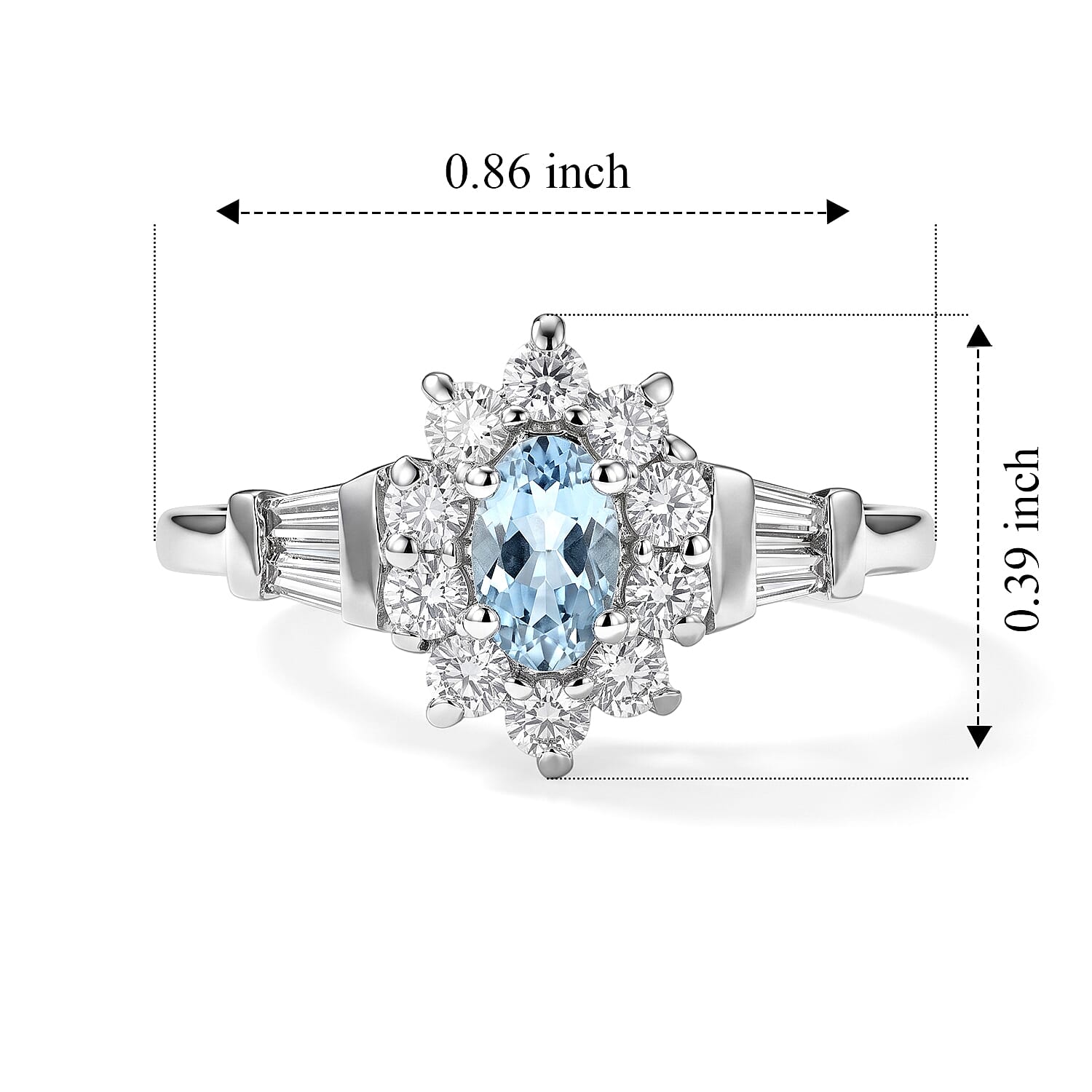 D'Joy Santa Maria Aquamarine and Moissanite 0.60 ctw Sea Blossom Ring in Rhodium Over Sterling Silver (Size 7.0)