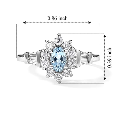 D'Joy Santa Maria Aquamarine and Moissanite 0.60 ctw Sea Blossom Ring in Rhodium Over Sterling Silver (Size 7.0)