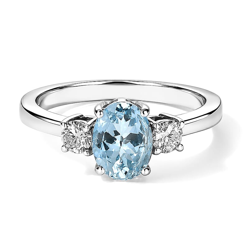 Premium Santa Maria Aquamarine and Luxuriant Lab Grown Diamond G-H SI 1.40 ctw Sea Radiance Ring in Rhodium Over Sterling Silver (Size 6.0)