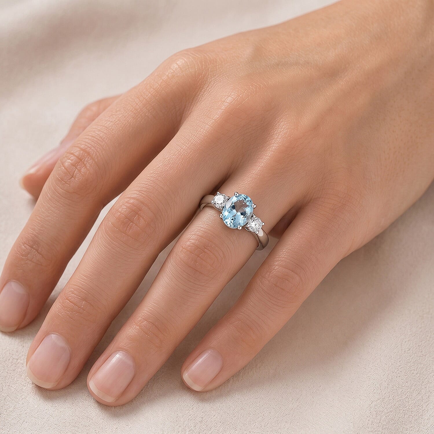 Premium Santa Maria Aquamarine and Luxuriant Lab Grown Diamond G-H SI 1.40 ctw Sea Radiance Ring in Rhodium Over Sterling Silver (Size 6.0)