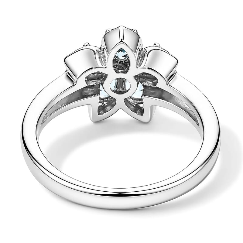 Premium Santa Maria Aquamarine, Luxuriant Lab Grown Diamond (G-H, SI) Ring in Rhodium Over Sterling Silver (Size 5.0) 0.75 ctw