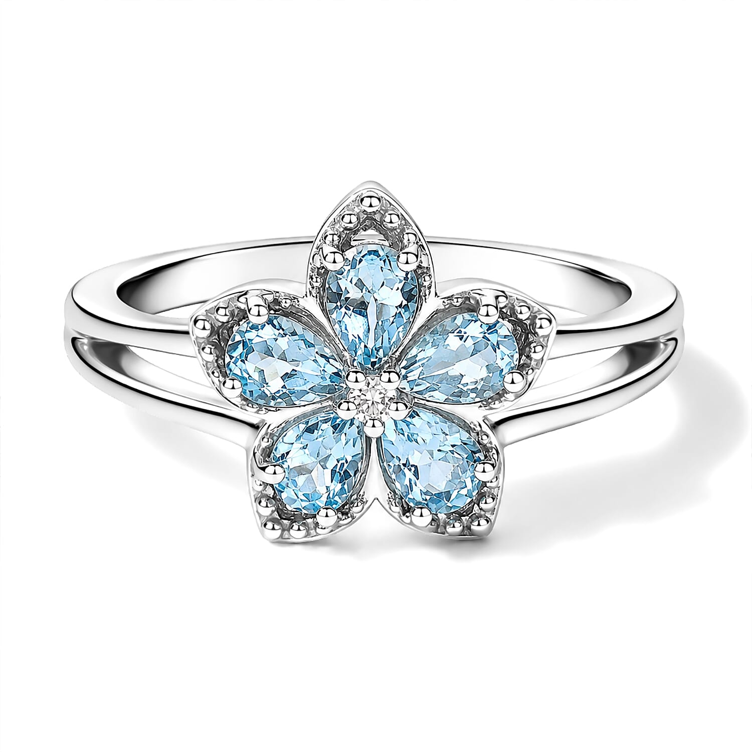Premium Santa Maria Aquamarine and Luxuriant Lab Grown Diamond G-H SI 0.75 ctw Aqua Floral Ring in Rhodium Over Sterling Silver (Size 6.0)