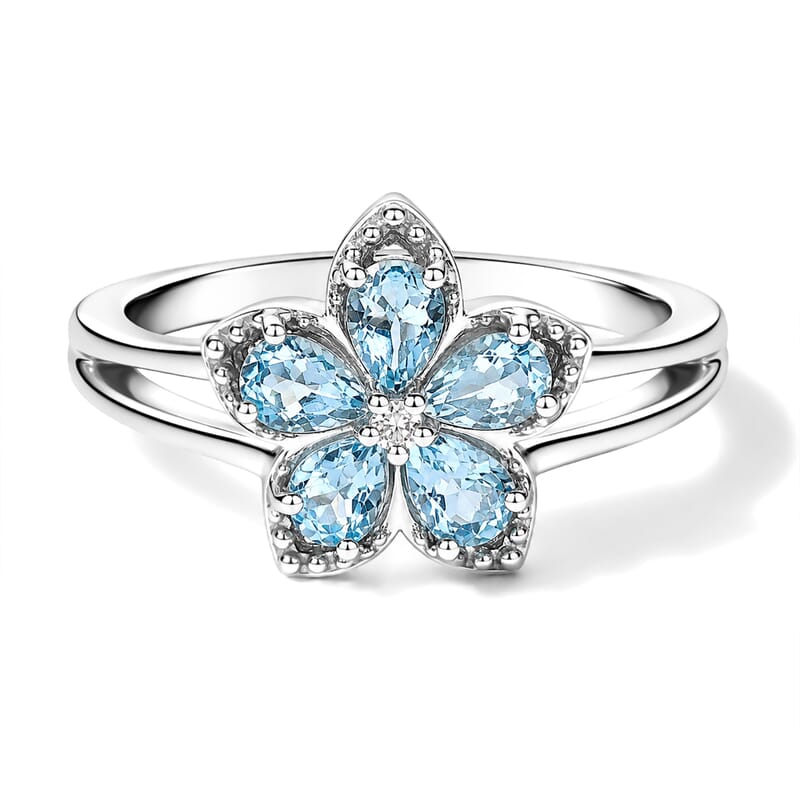 Premium Santa Maria Aquamarine and Luxuriant Lab Grown Diamond G-H SI 0.75 ctw Aqua Floral Ring in Rhodium Over Sterling Silver (Size 6.0)