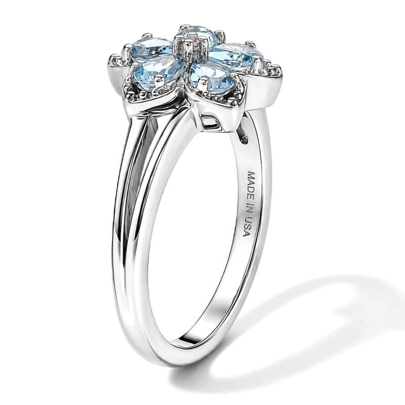 Premium Santa Maria Aquamarine and Luxuriant Lab Grown Diamond G-H SI 0.75 ctw Aqua Floral Ring in Rhodium Over Sterling Silver (Size 6.0)