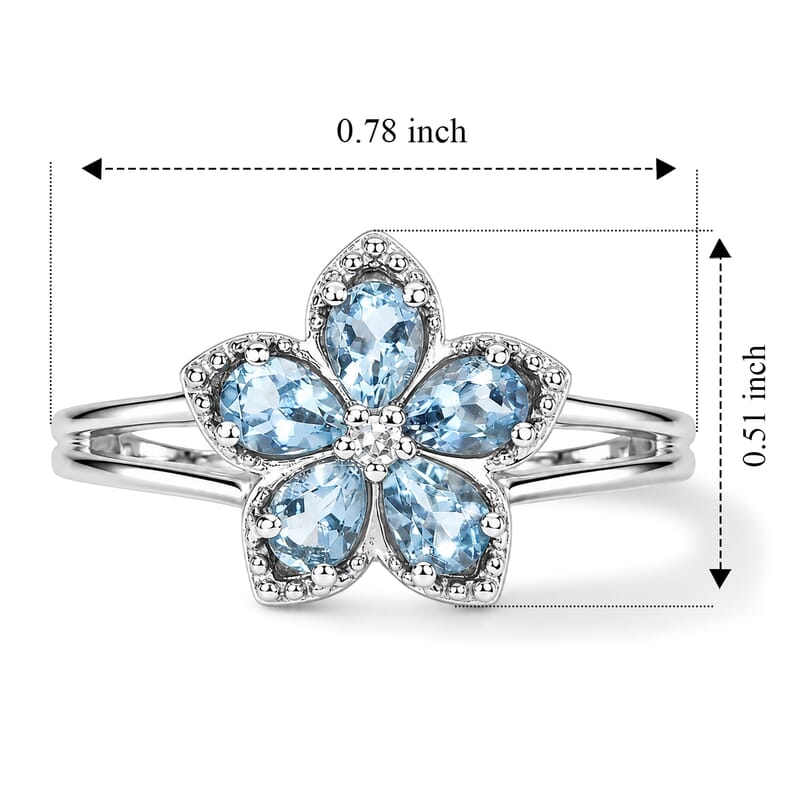 Premium Santa Maria Aquamarine and Luxuriant Lab Grown Diamond G-H SI 0.75 ctw Aqua Floral Ring in Rhodium Over Sterling Silver (Size 6.0)