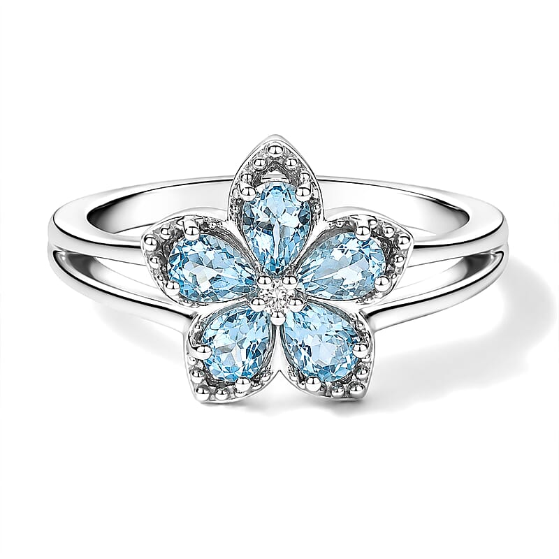 Premium Santa Maria Aquamarine and Luxuriant Lab Grown Diamond G-H SI 0.75 ctw Aqua Floral Ring in Rhodium Over Sterling Silver (Size 7.0)