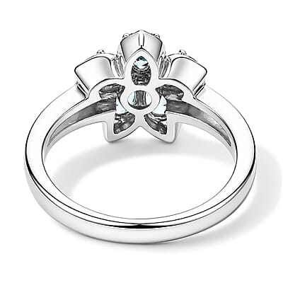 Premium Santa Maria Aquamarine and Luxuriant Lab Grown Diamond G-H SI 0.75 ctw Aqua Floral Ring in Rhodium Over Sterling Silver (Size 7.0)