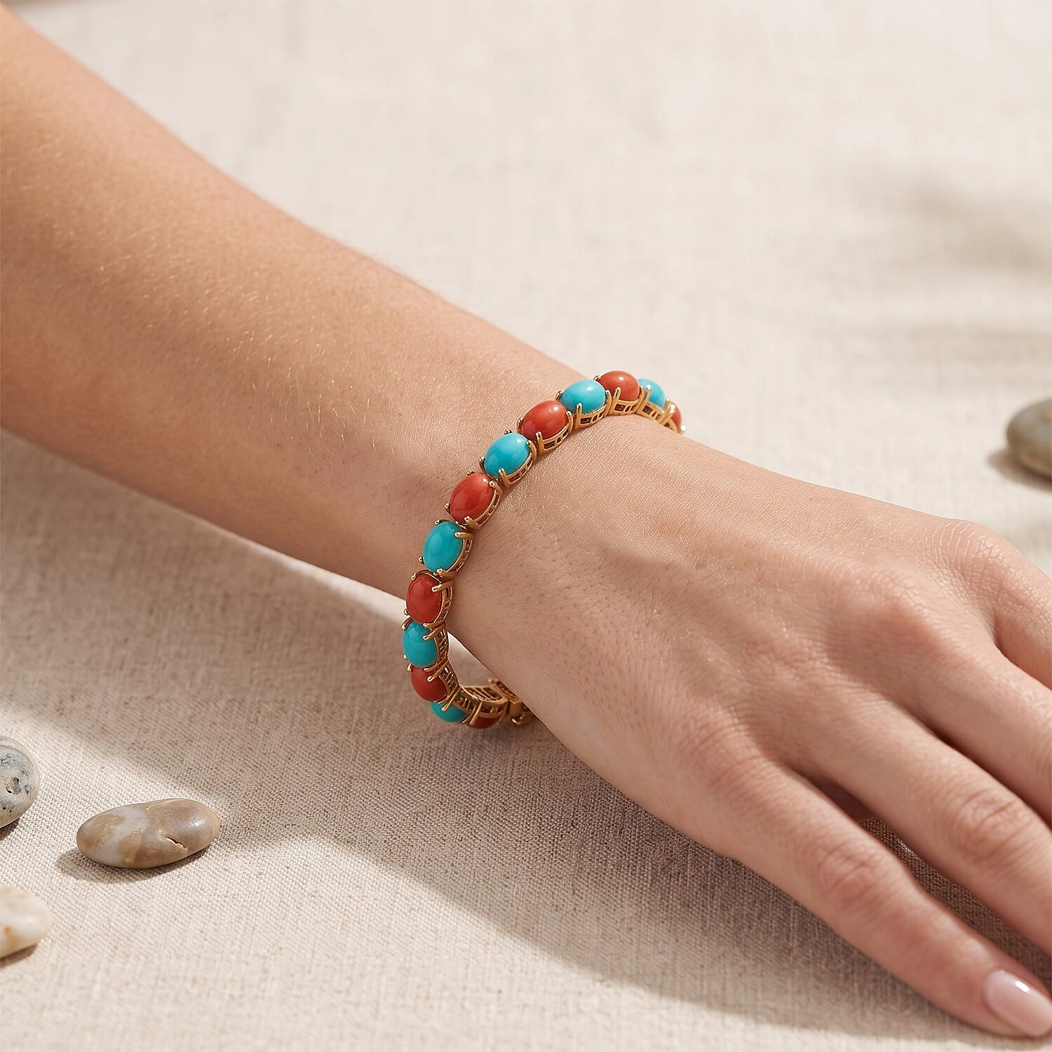 D'Joy Sonoran Turquoise and Coral 22.30 ctw Seaside Market Bracelet in 18K Vermeil YG Over Sterling Silver (7.25 In)