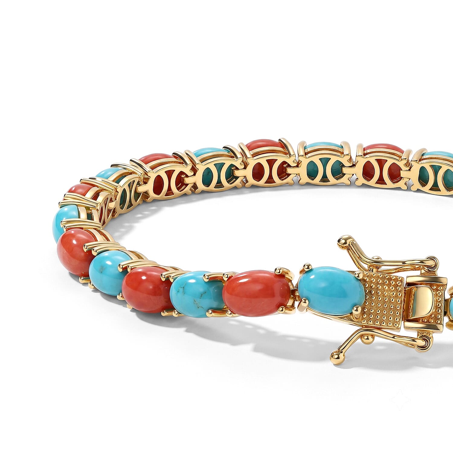 D'Joy Sonoran Turquoise and Coral 22.30 ctw Seaside Market Bracelet in 18K Vermeil YG Over Sterling Silver (7.25 In)