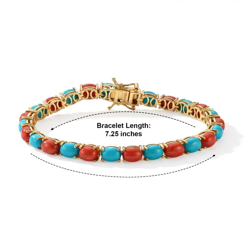 D'Joy Sonoran Turquoise and Coral 22.30 ctw Seaside Market Bracelet in 18K Vermeil YG Over Sterling Silver (7.25 In)