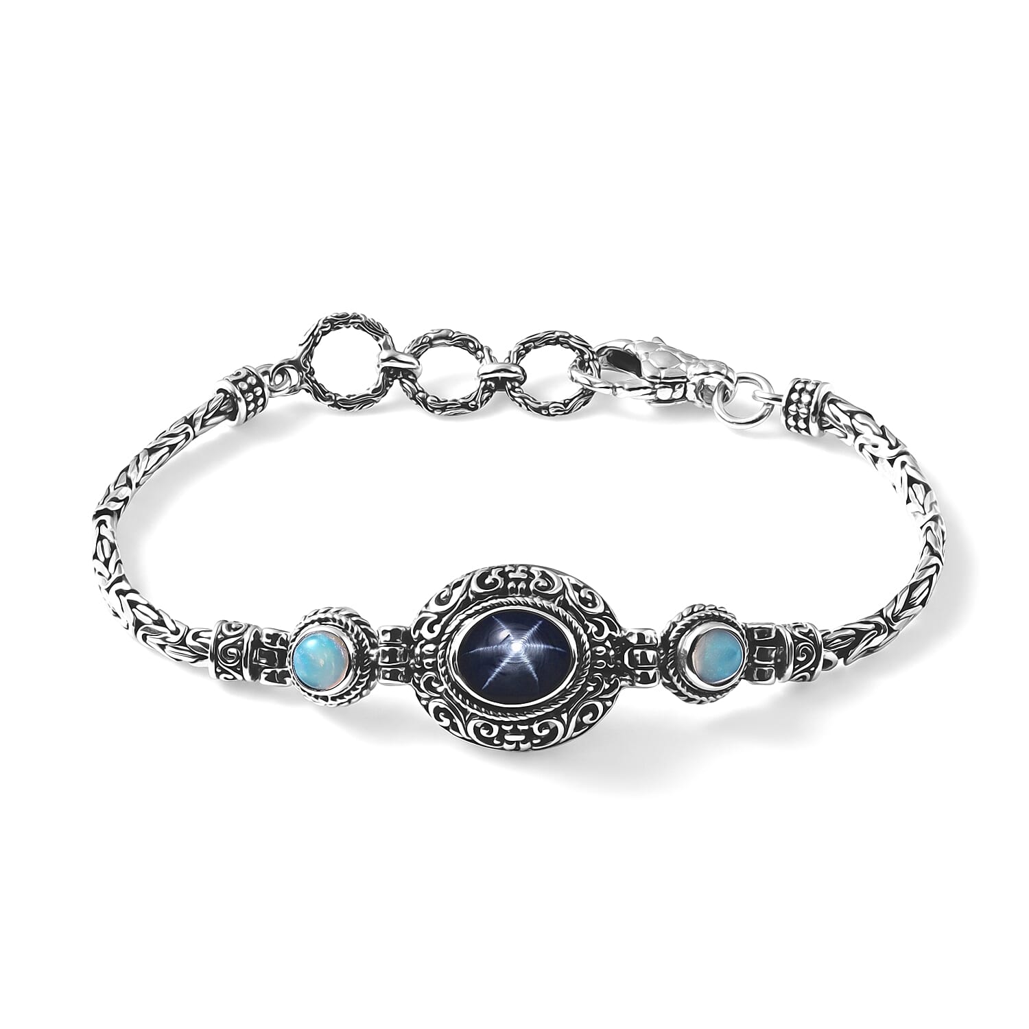 D'Joy Bali Legacy Blue Star Sapphire (DF) and Ethiopian Welo Opal 5.30 ctw Bracelet in Sterling Silver (8.00 In)