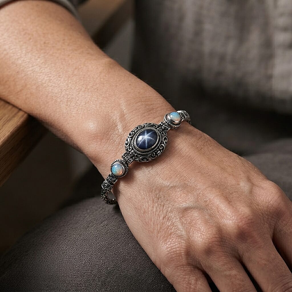 D'Joy Bali Legacy Blue Star Sapphire (DF) and Ethiopian Welo Opal 5.30 ctw Bracelet in Sterling Silver (8.00 In)