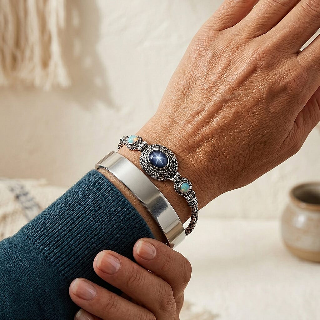 D'Joy Bali Legacy Blue Star Sapphire (DF) and Ethiopian Welo Opal 5.30 ctw Bracelet in Sterling Silver (8.00 In)
