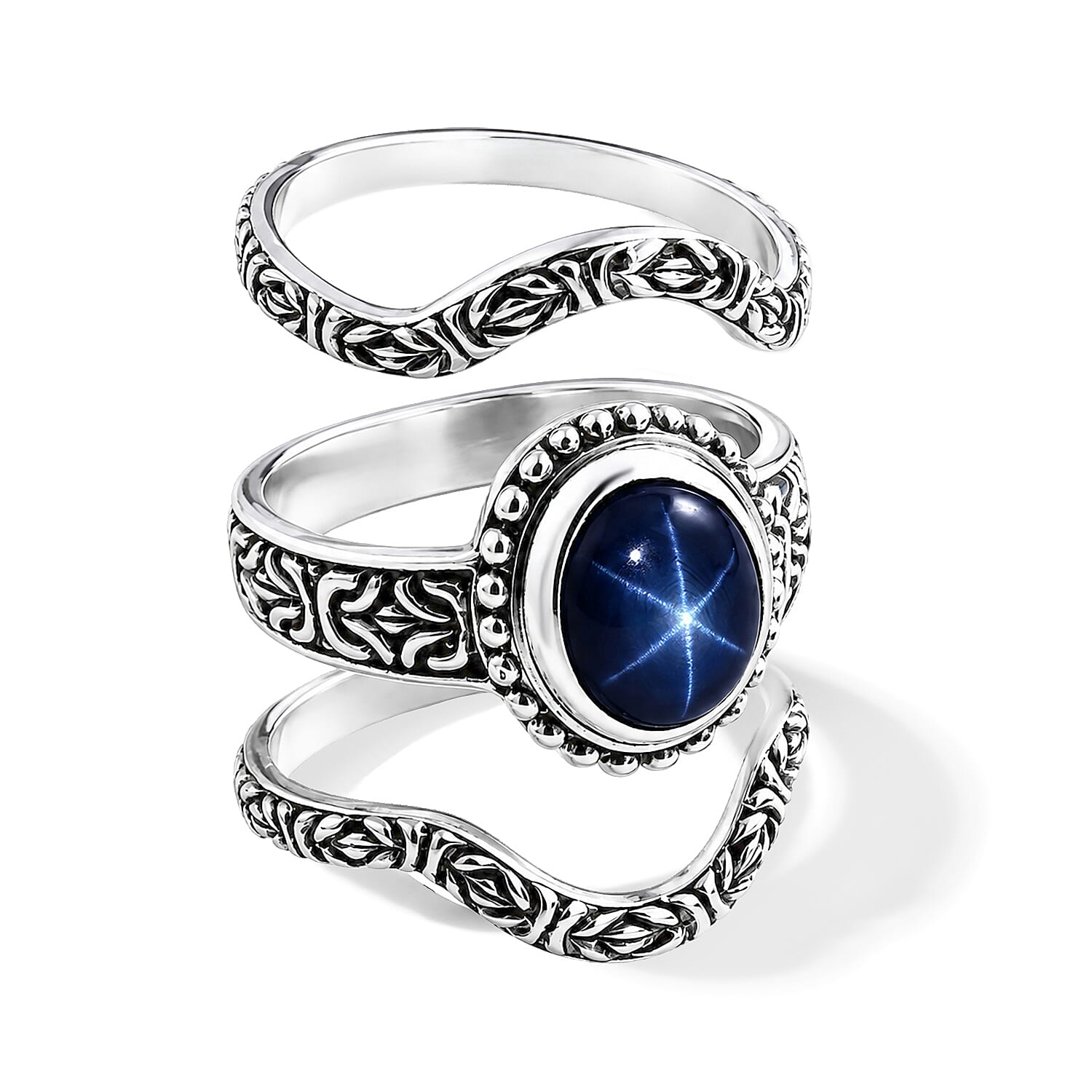 D'Joy Bali Legacy Blue Star Sapphire (DF) 4.60 ctw Borobudur Star Stack Ring in Sterling Silver (Size 5.0)