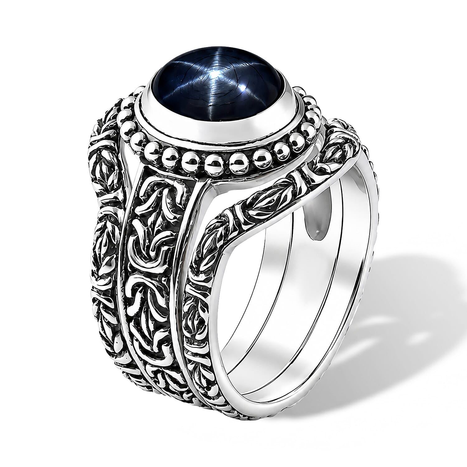 D'Joy Bali Legacy Blue Star Sapphire (DF) 4.60 ctw Borobudur Star Stack Ring in Sterling Silver (Size 5.0)