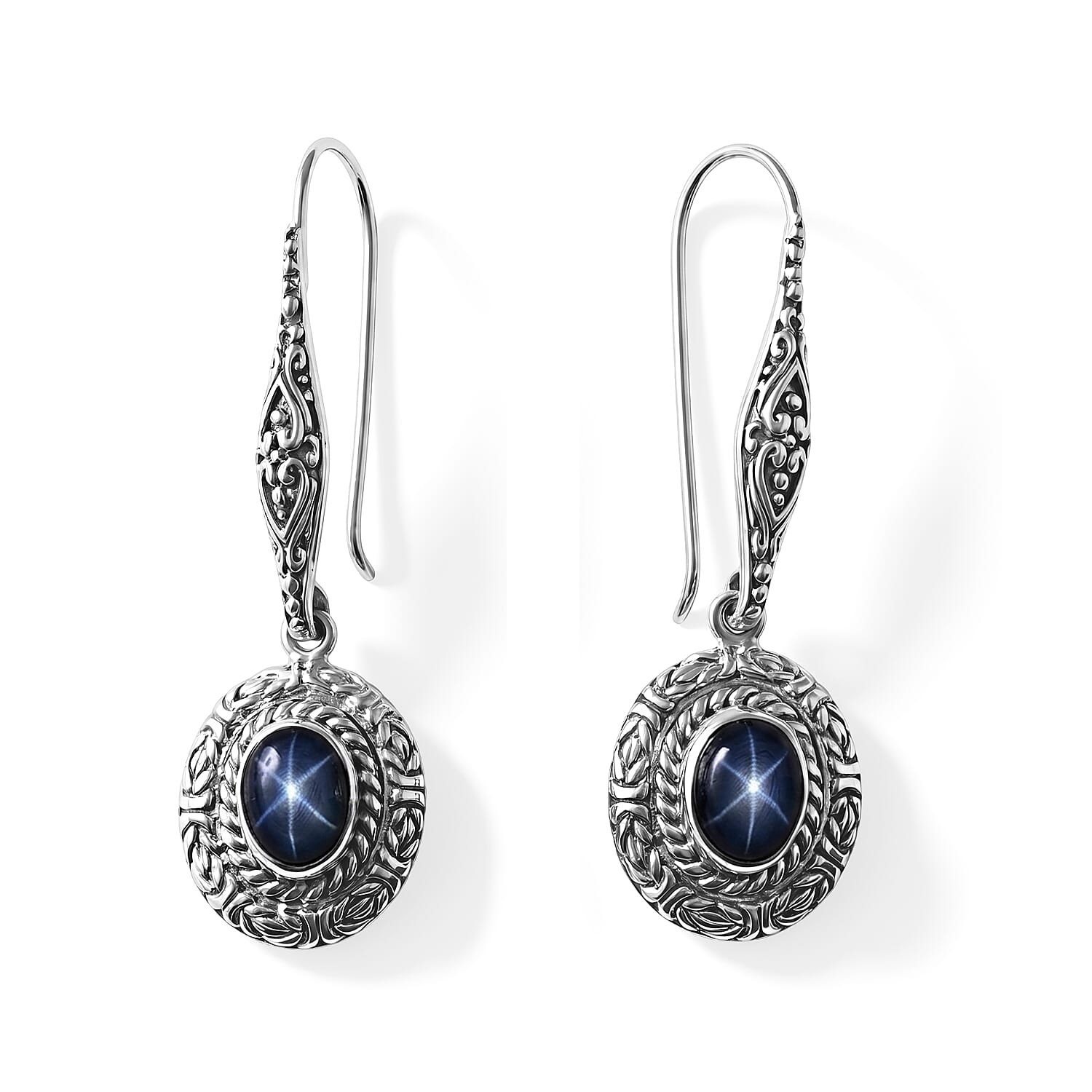 D'Joy Bali Legacy Blue Star Sapphire (DF) 4.25 ctw Borobudur Earrings in Sterling Silver