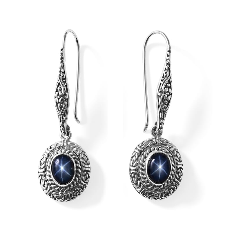D'Joy Bali Legacy Blue Star Sapphire (DF) 4.25 ctw Borobudur Earrings in Sterling Silver