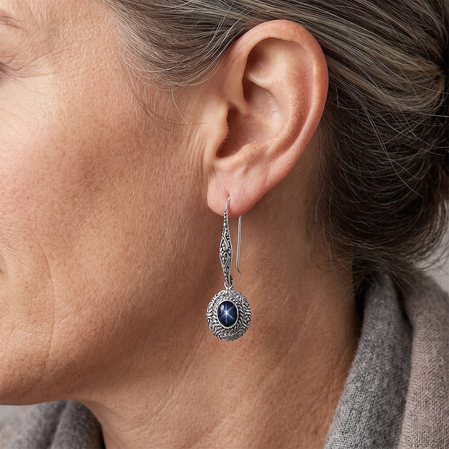 D'Joy Bali Legacy Blue Star Sapphire (DF) 4.25 ctw Borobudur Earrings in Sterling Silver