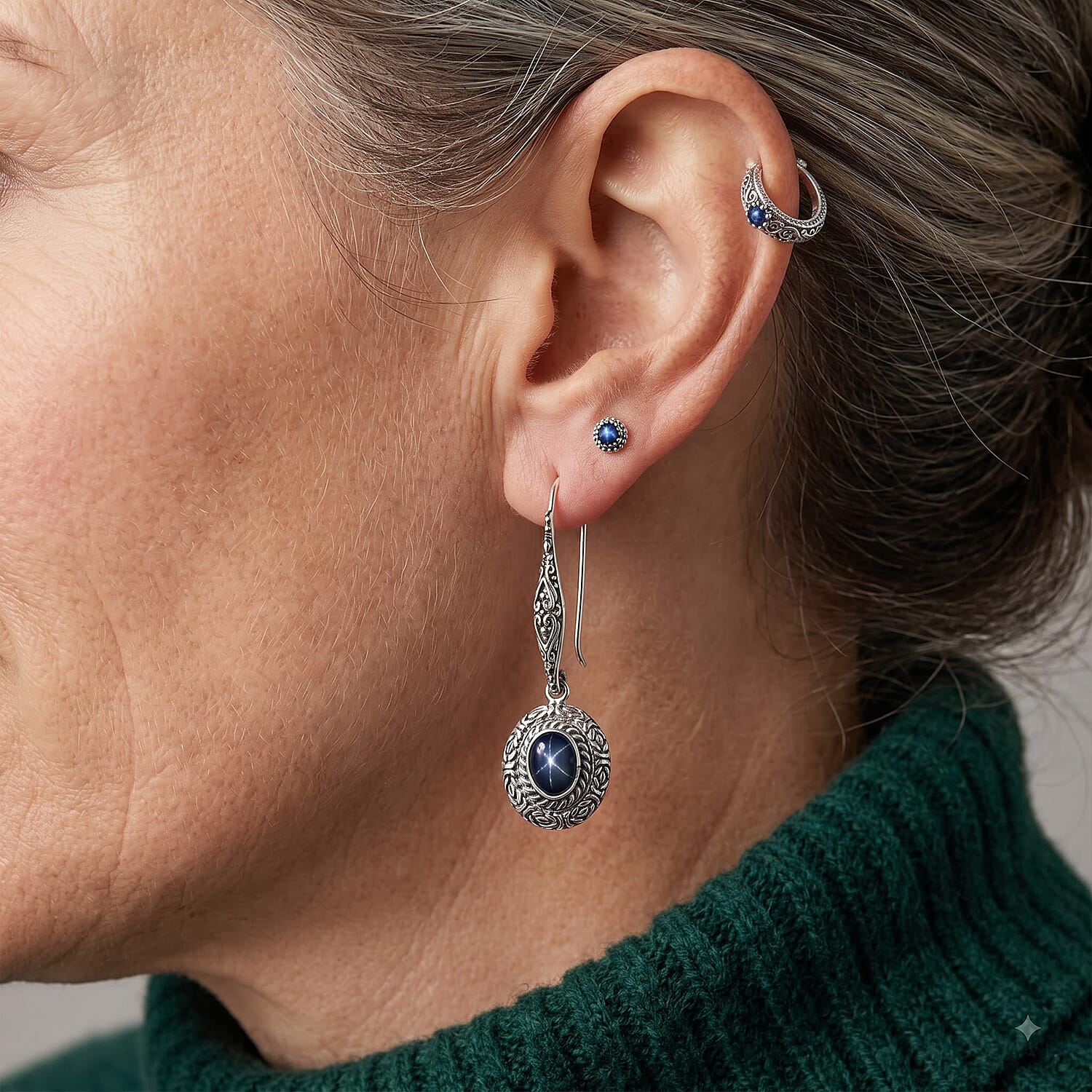 D'Joy Bali Legacy Blue Star Sapphire (DF) 4.25 ctw Borobudur Earrings in Sterling Silver