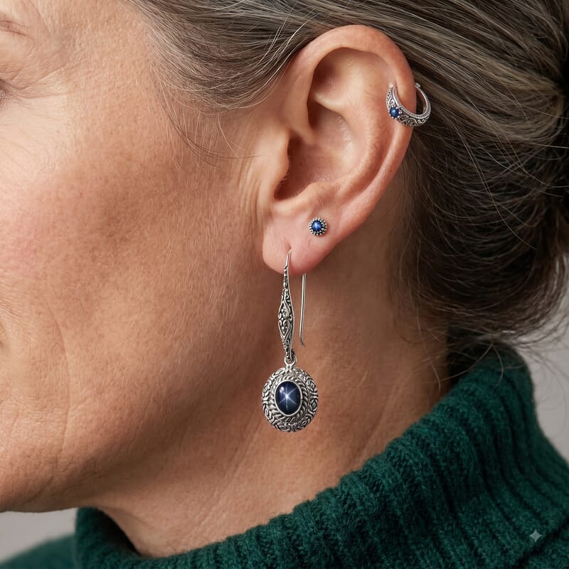 D'Joy Bali Legacy Blue Star Sapphire (DF) 4.25 ctw Borobudur Earrings in Sterling Silver