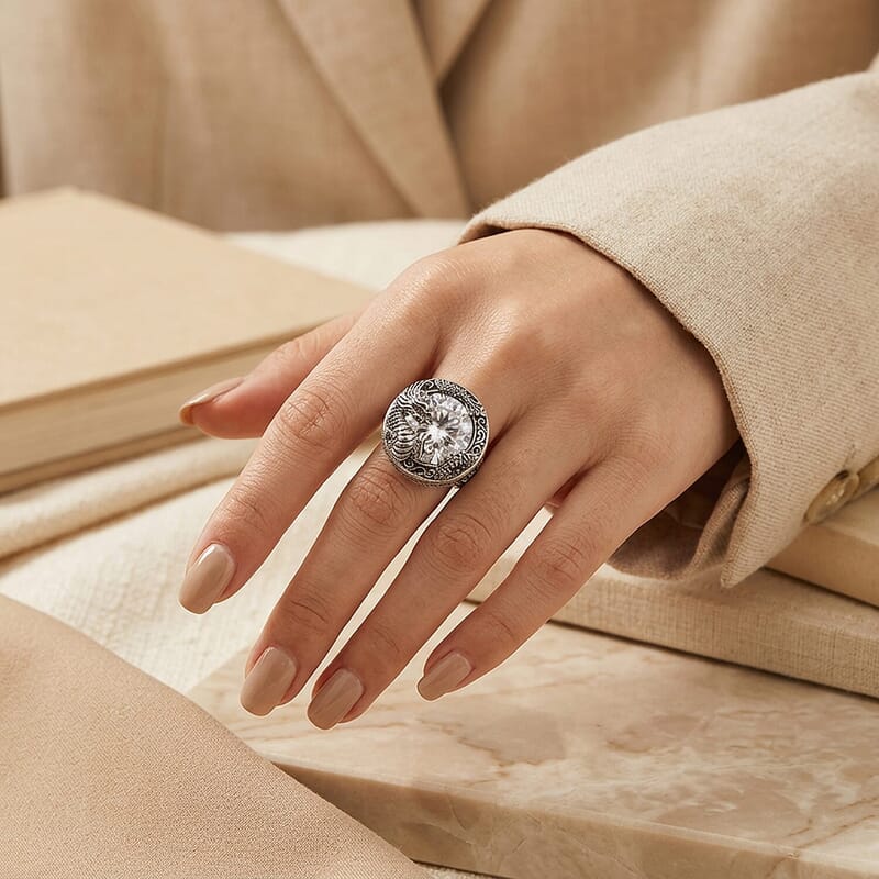 D'Joy Bali Legacy Moissanite (Rnd 14mm) Dragon-Wrapped Ring in Sterling Silver (Size 5.0) 9.50 ctw