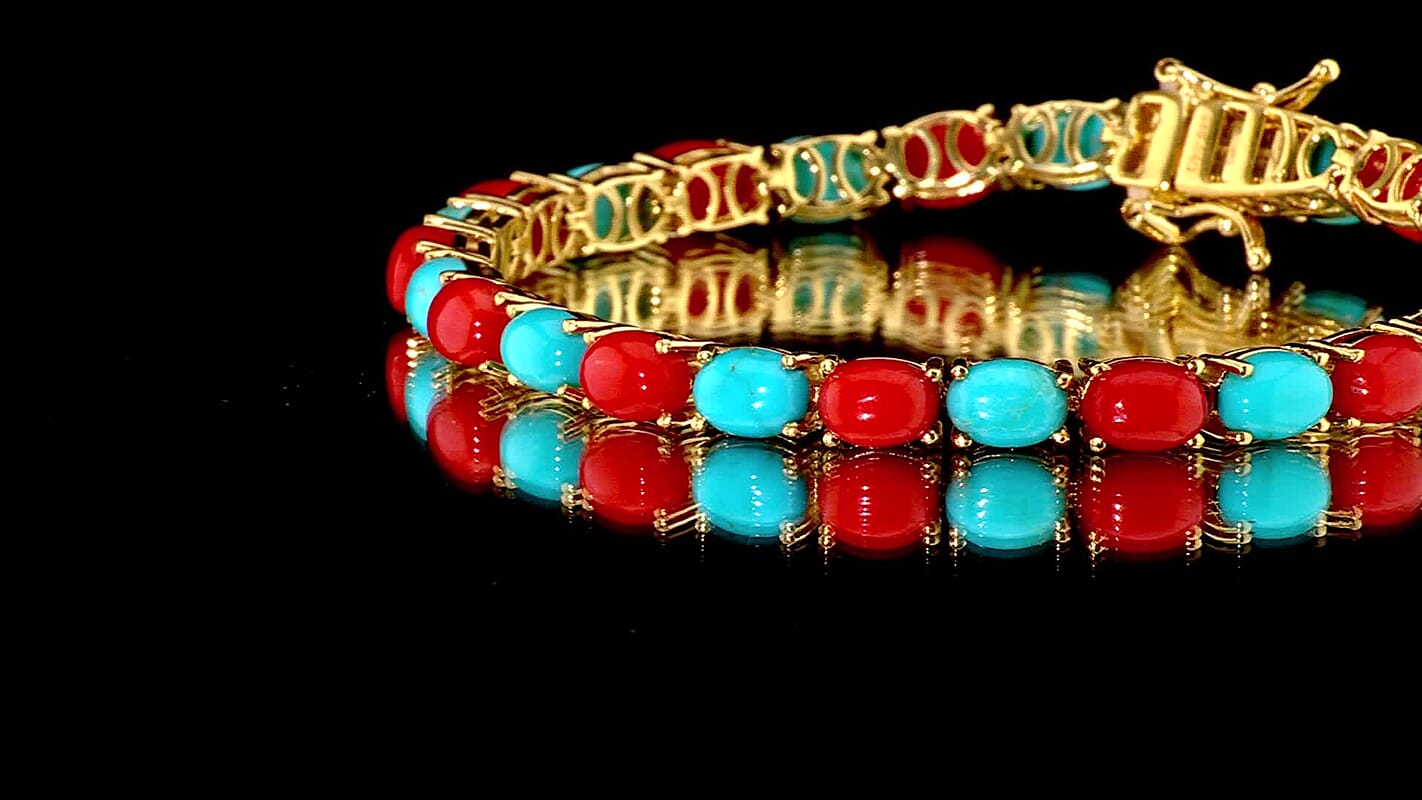 Epic Deal D''Joy Sonoran Turquoise, Coral Bracelet in 18K Vermeil YG Over Sterling Silver (7.25 In) 23.75 ctw