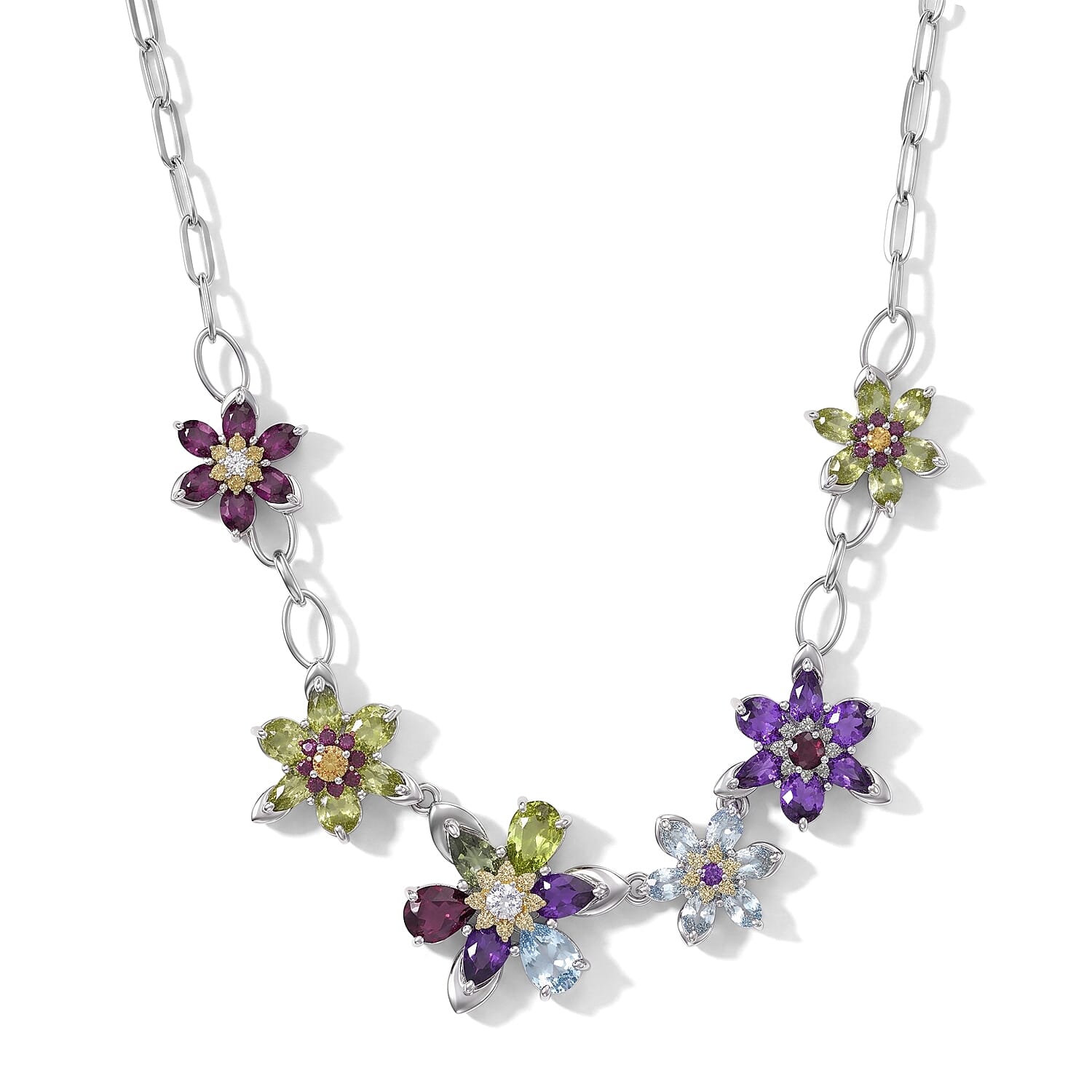 GP Multi Gemstone 11.30 ctw Necklace (18 Inches) in Rhodium Over Sterling Silver