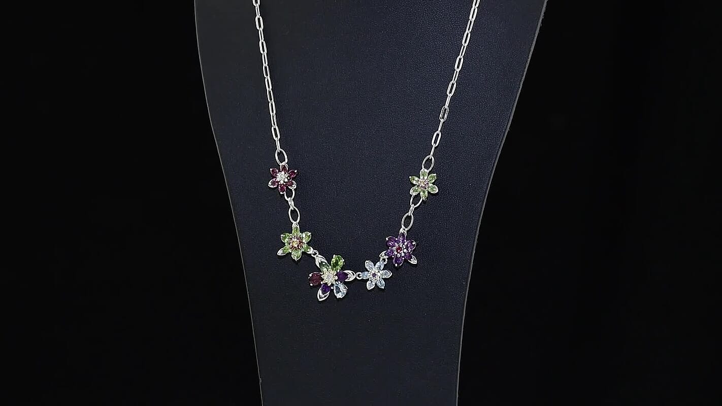 GP Multi Gemstone 11.30 ctw Necklace (18 Inches) in Rhodium Over Sterling Silver