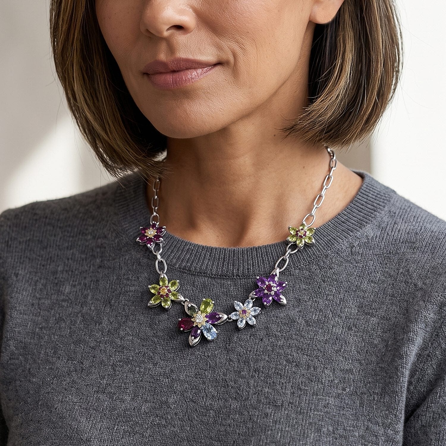 GP Multi Gemstone 11.30 ctw Necklace (18 Inches) in Rhodium Over Sterling Silver