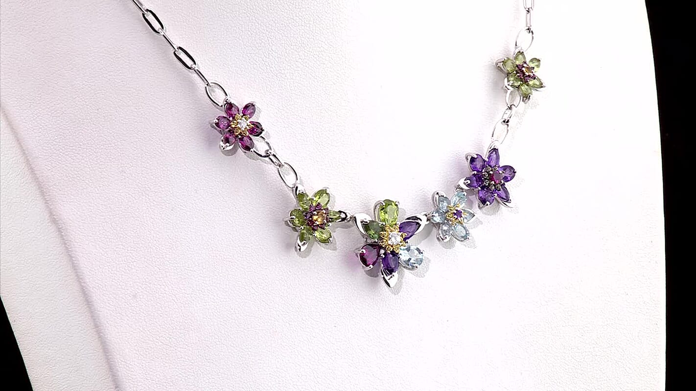 GP Multi Gemstone 11.30 ctw Necklace (18 Inches) in Rhodium Over Sterling Silver
