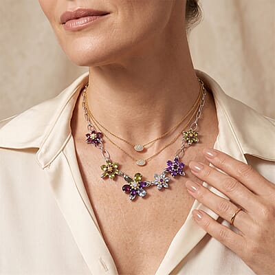 GP Multi Gemstone 11.30 ctw Necklace (18 Inches) in Rhodium Over Sterling Silver