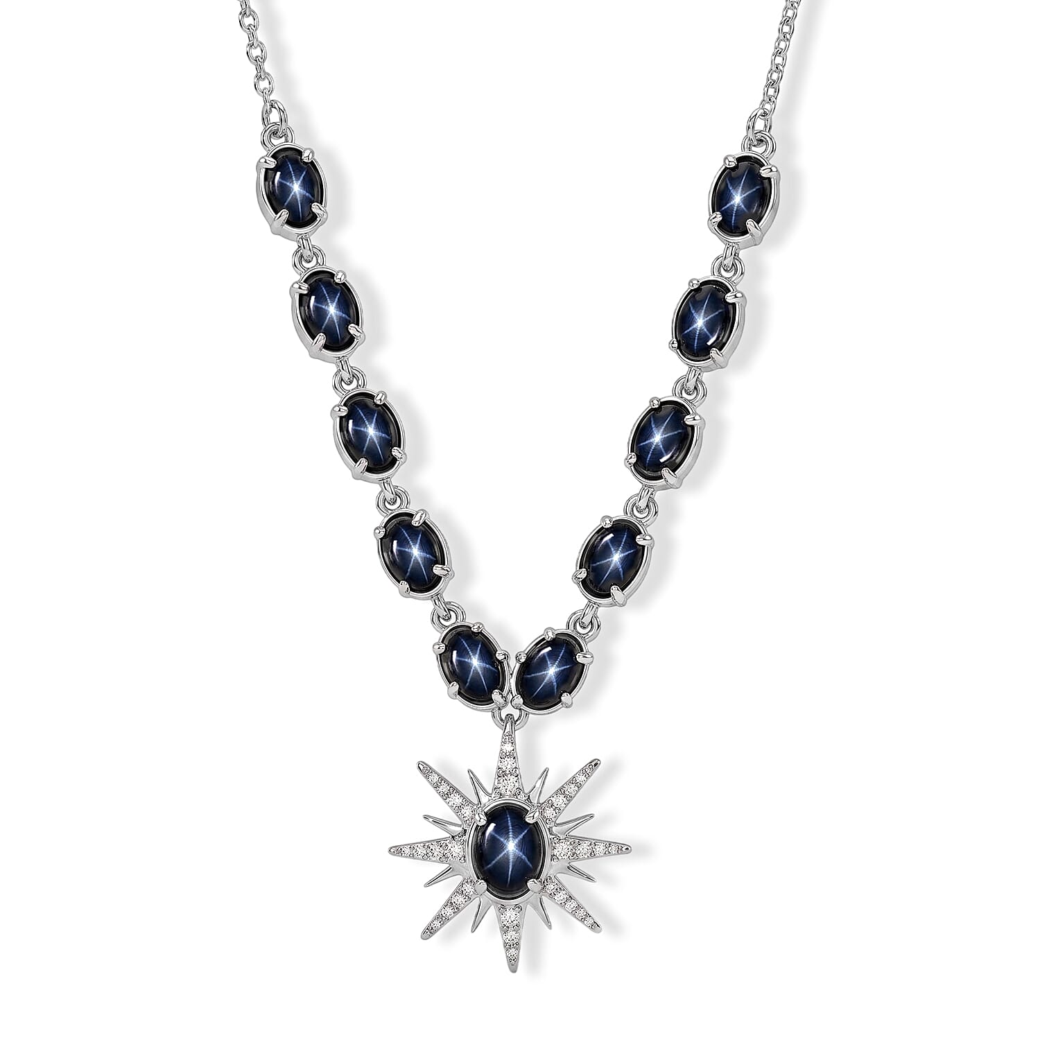 D'Joy Premium Blue Star Sapphire (DF) and Moissanite 9.20 ctw Necklace (18-20 Inches) in Rhodium Over Sterling Silver
