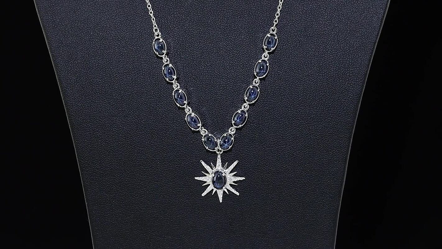 D''Joy Premium Blue Star Sapphire (DF) and Moissanite 9.20 ctw Necklace (18-20 Inches) in Rhodium Over Sterling Silver
