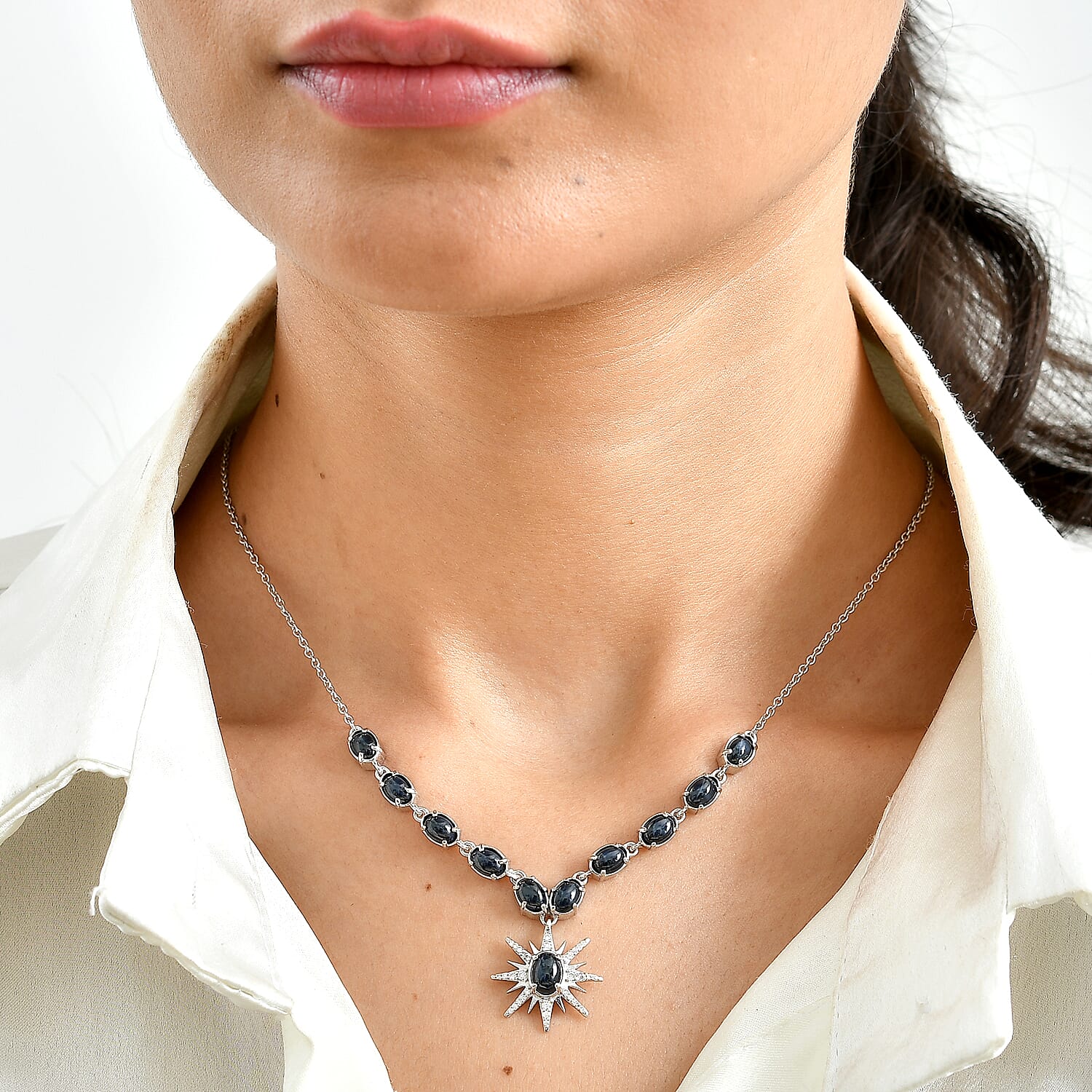 D'Joy Premium Blue Star Sapphire (DF) and Moissanite 9.20 ctw Necklace (18-20 Inches) in Rhodium Over Sterling Silver