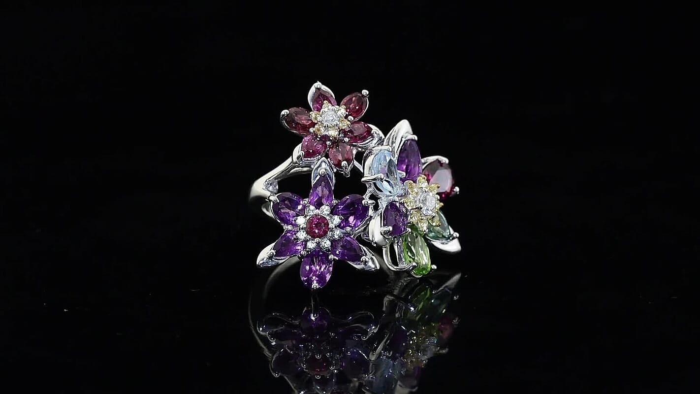 GP Premium Multi Gemstone 7.00 ctw Ring in Rhodium Over Sterling Silver (Size 7.0)